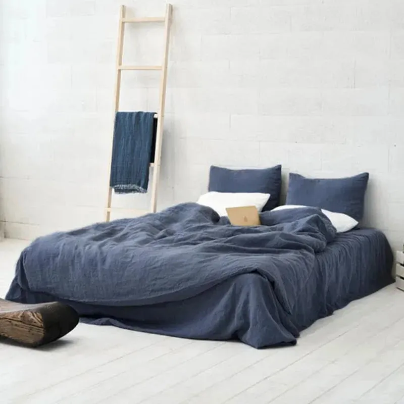 100% Organic Flax Linen Washed Bedding Set - Dark Blue