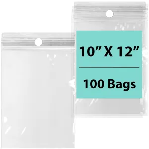 10X12 inches Reclosable Poly Bags with Hang Hole 4 Mil (LDPE) Single Track Zipper