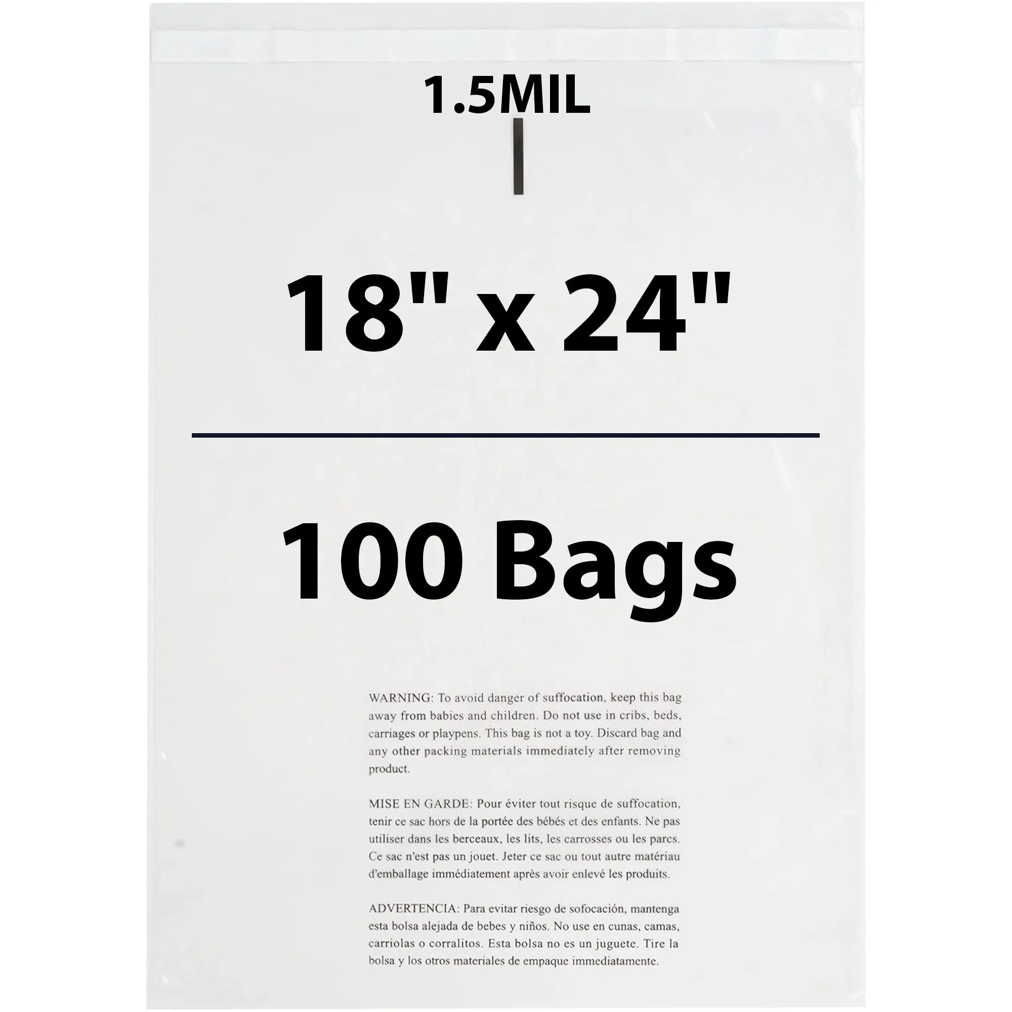 18X24 Inches Poly Bags With Suffocation Warning  1.5 Mil Lip and Tape