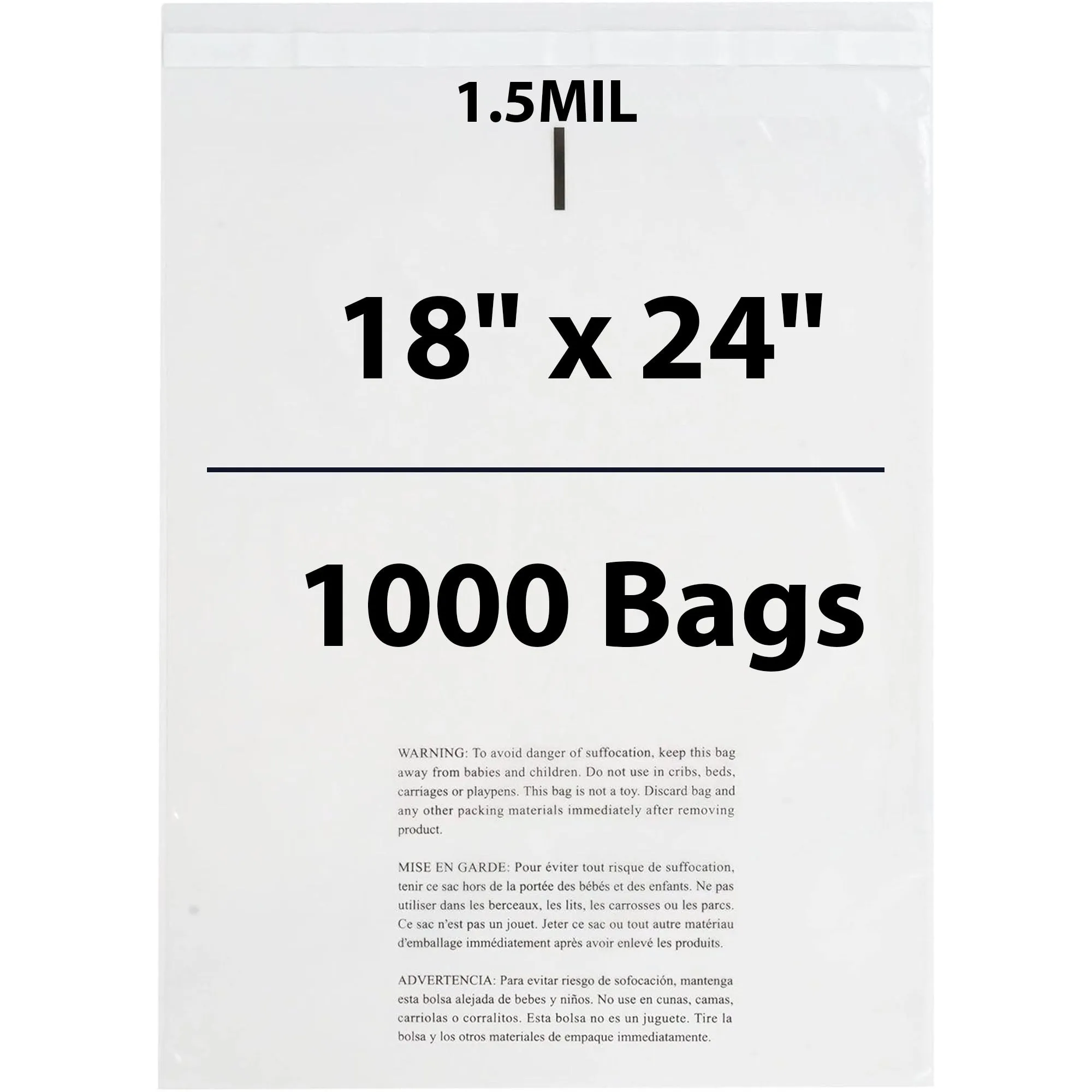 18X24 Inches Poly Bags With Suffocation Warning  1.5 Mil Lip and Tape