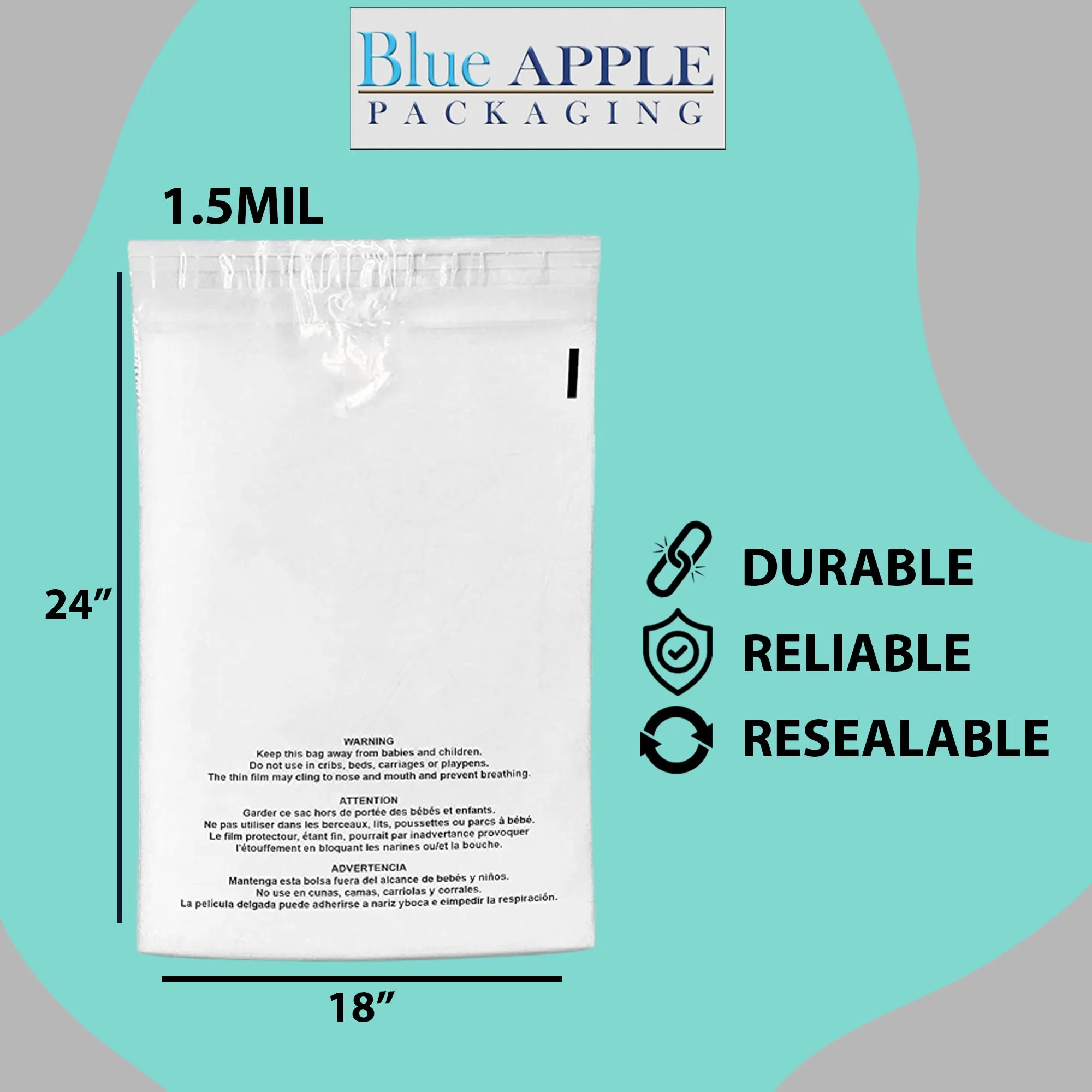 18X24 Inches Poly Bags With Suffocation Warning  1.5 Mil Lip and Tape