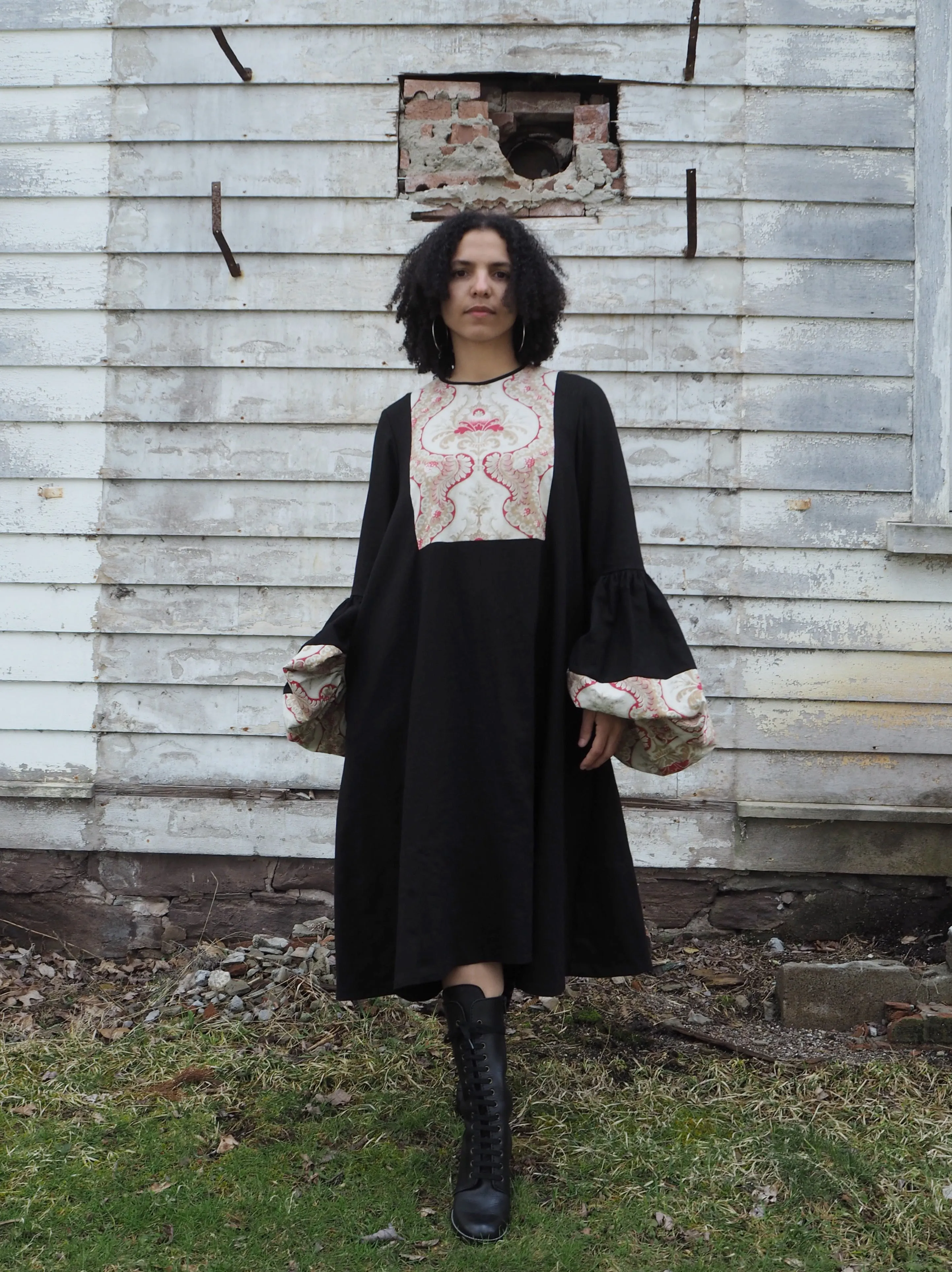 19th century french printed textile patched balloon sleeve dress
