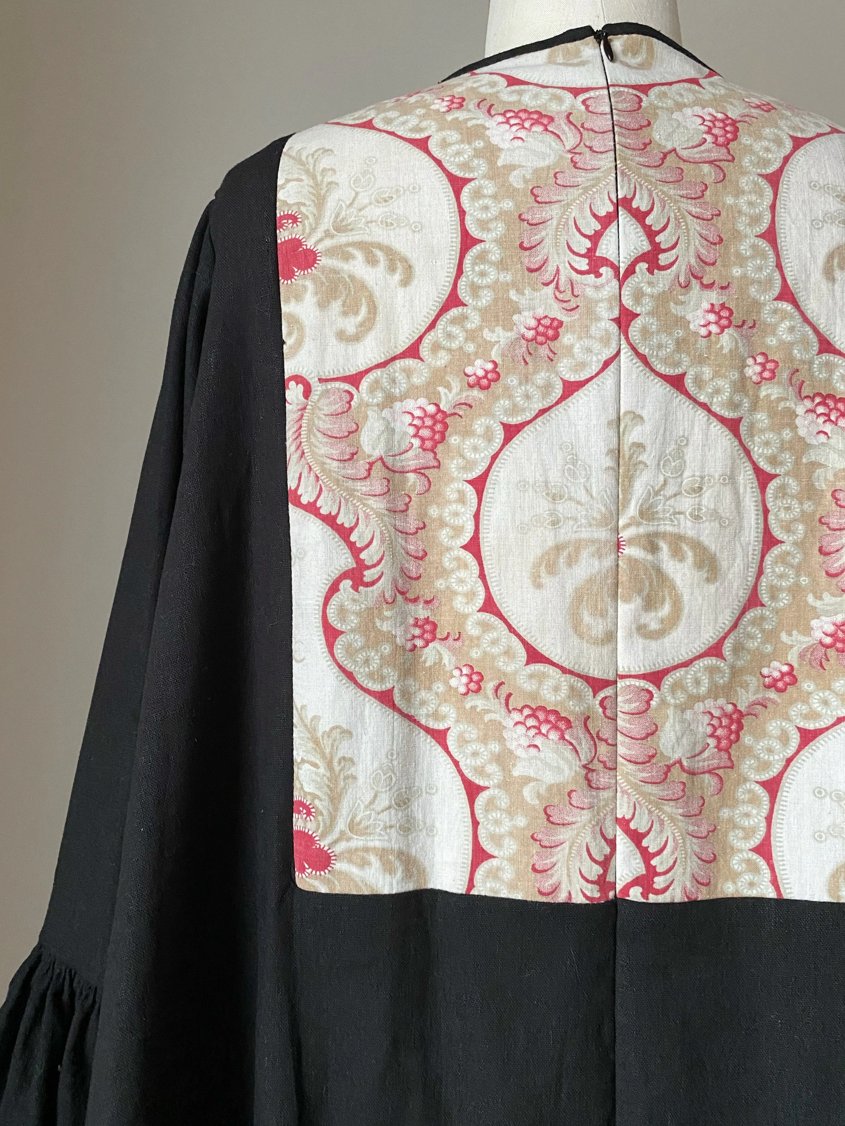 19th century french printed textile patched balloon sleeve dress