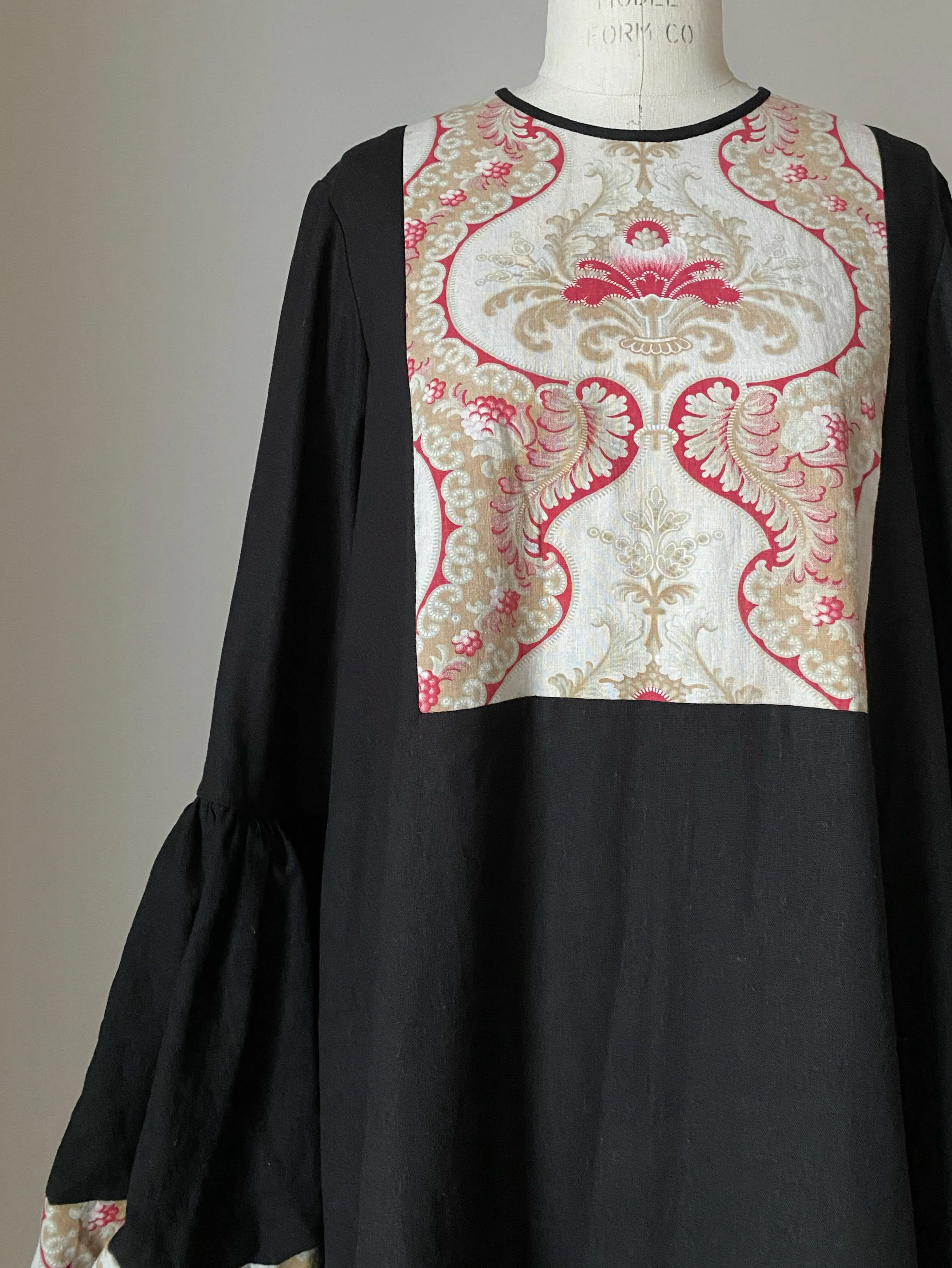 19th century french printed textile patched balloon sleeve dress