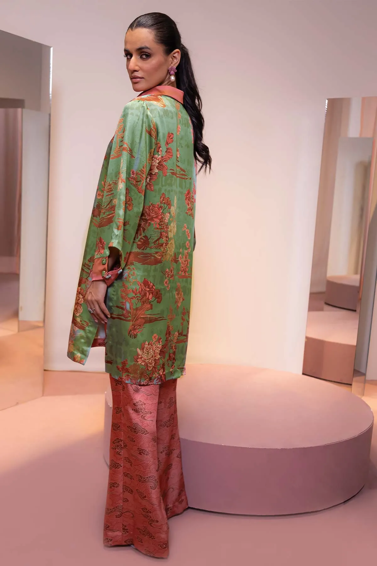 2 Pc Printed Chamois Silk Suit With Chamois Silk Trouser