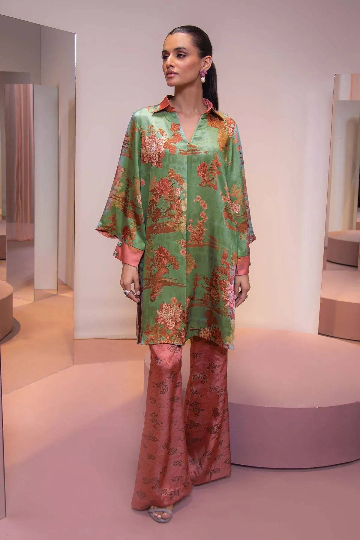 2 Pc Printed Chamois Silk Suit With Chamois Silk Trouser