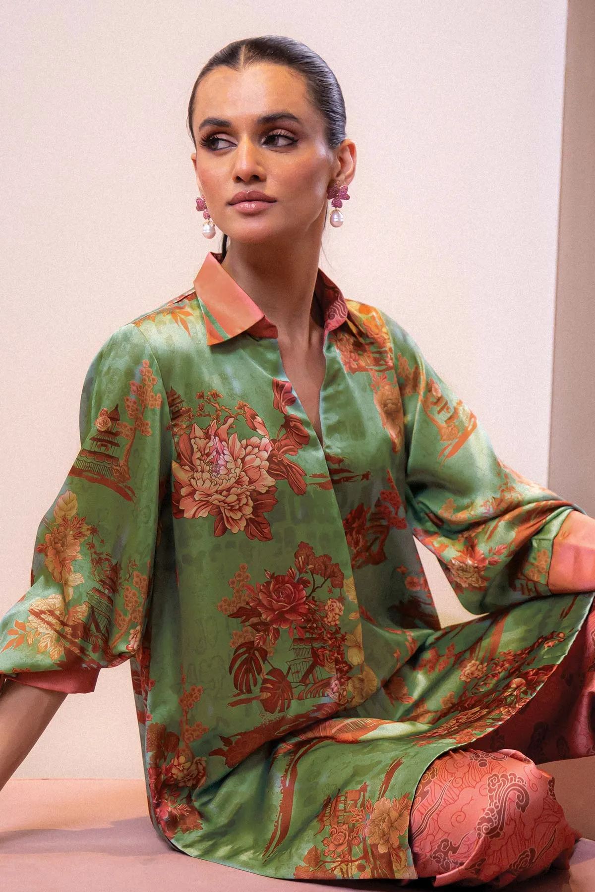 2 Pc Printed Chamois Silk Suit With Chamois Silk Trouser