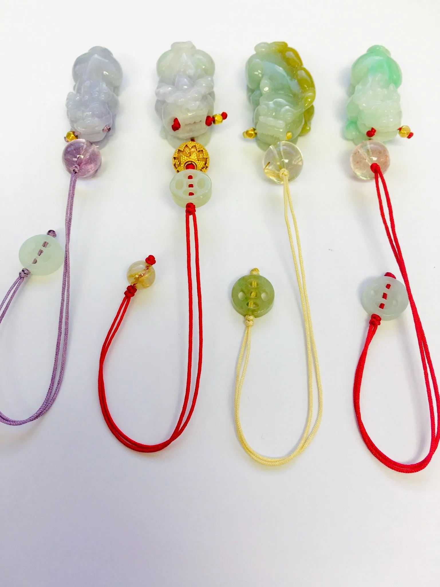 24kt YG Hand Granulated Bead Paired w/ Burmese Green Jadeite Pei Yao/Pixiu & Coin & Rutilated Quartz Charm