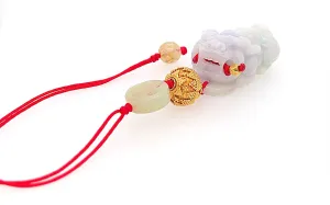 24kt YG Hand Granulated Bead Paired w/ Burmese Green Jadeite Pei Yao/Pixiu & Coin & Rutilated Quartz Charm