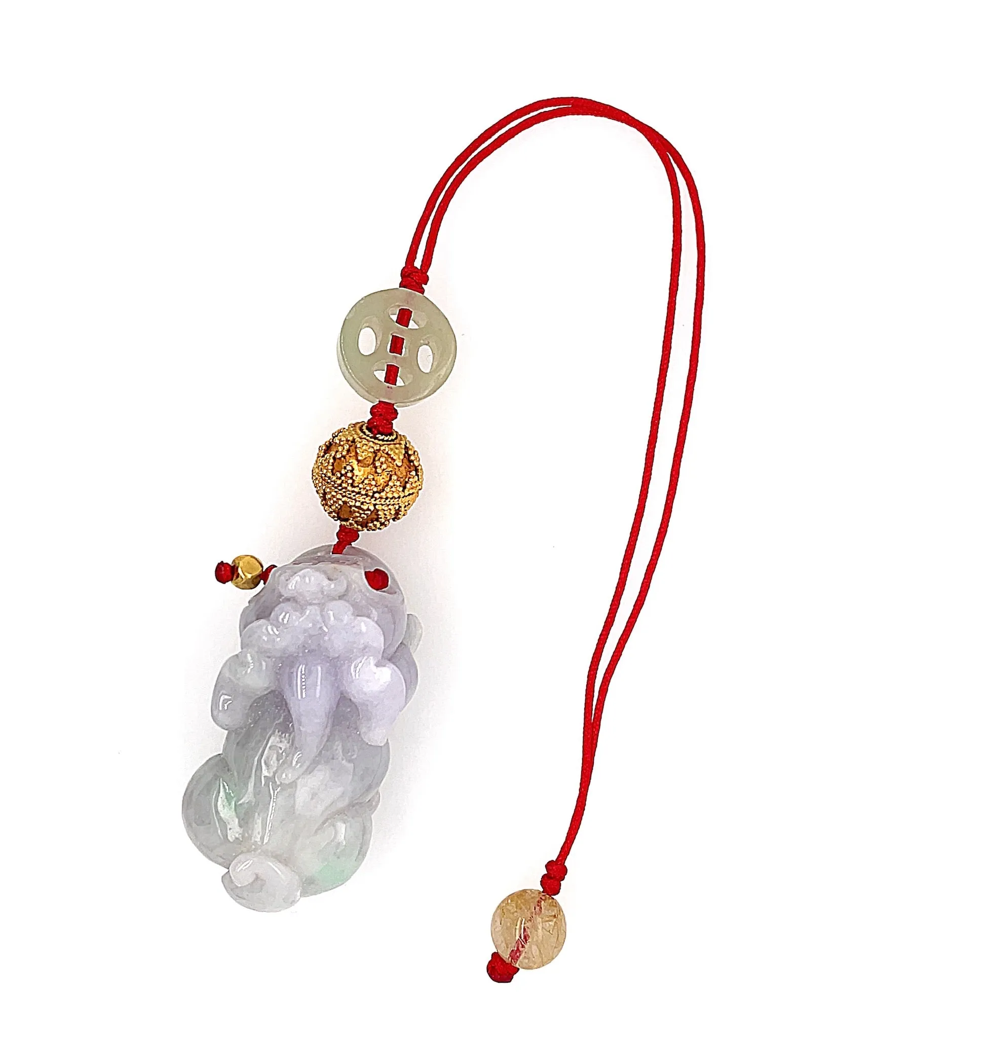 24kt YG Hand Granulated Bead Paired w/ Burmese Green Jadeite Pei Yao/Pixiu & Coin & Rutilated Quartz Charm