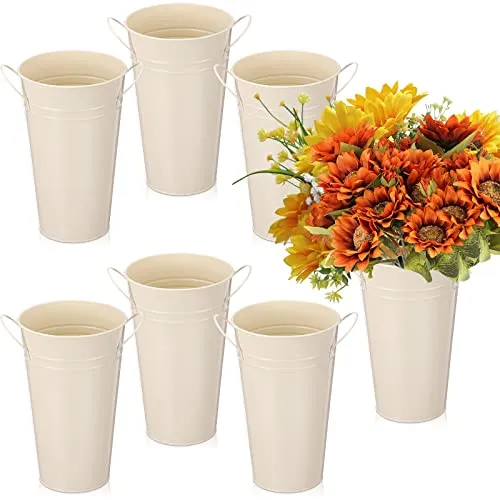 6 Pcs Flower Buckets Bulk Galvanized Metal Vase Bucket with Handles Planter French Table Decor Centerpiece Farmhouse Florist Galvanized Cut Flowers Rustic Vase for Wedding Home (9.8 Inch, White)