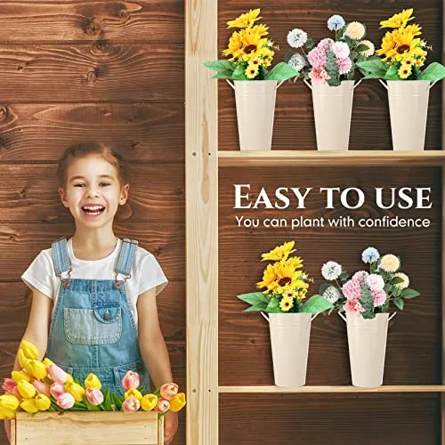 6 Pcs Flower Buckets Bulk Galvanized Metal Vase Bucket with Handles Planter French Table Decor Centerpiece Farmhouse Florist Galvanized Cut Flowers Rustic Vase for Wedding Home (9.8 Inch, White)