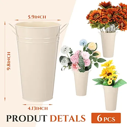 6 Pcs Flower Buckets Bulk Galvanized Metal Vase Bucket with Handles Planter French Table Decor Centerpiece Farmhouse Florist Galvanized Cut Flowers Rustic Vase for Wedding Home (9.8 Inch, White)