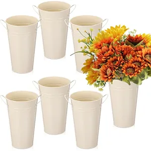 6 Pcs Flower Buckets Bulk Galvanized Metal Vase Bucket with Handles Planter French Table Decor Centerpiece Farmhouse Florist Galvanized Cut Flowers Rustic Vase for Wedding Home (9.8 Inch, White)