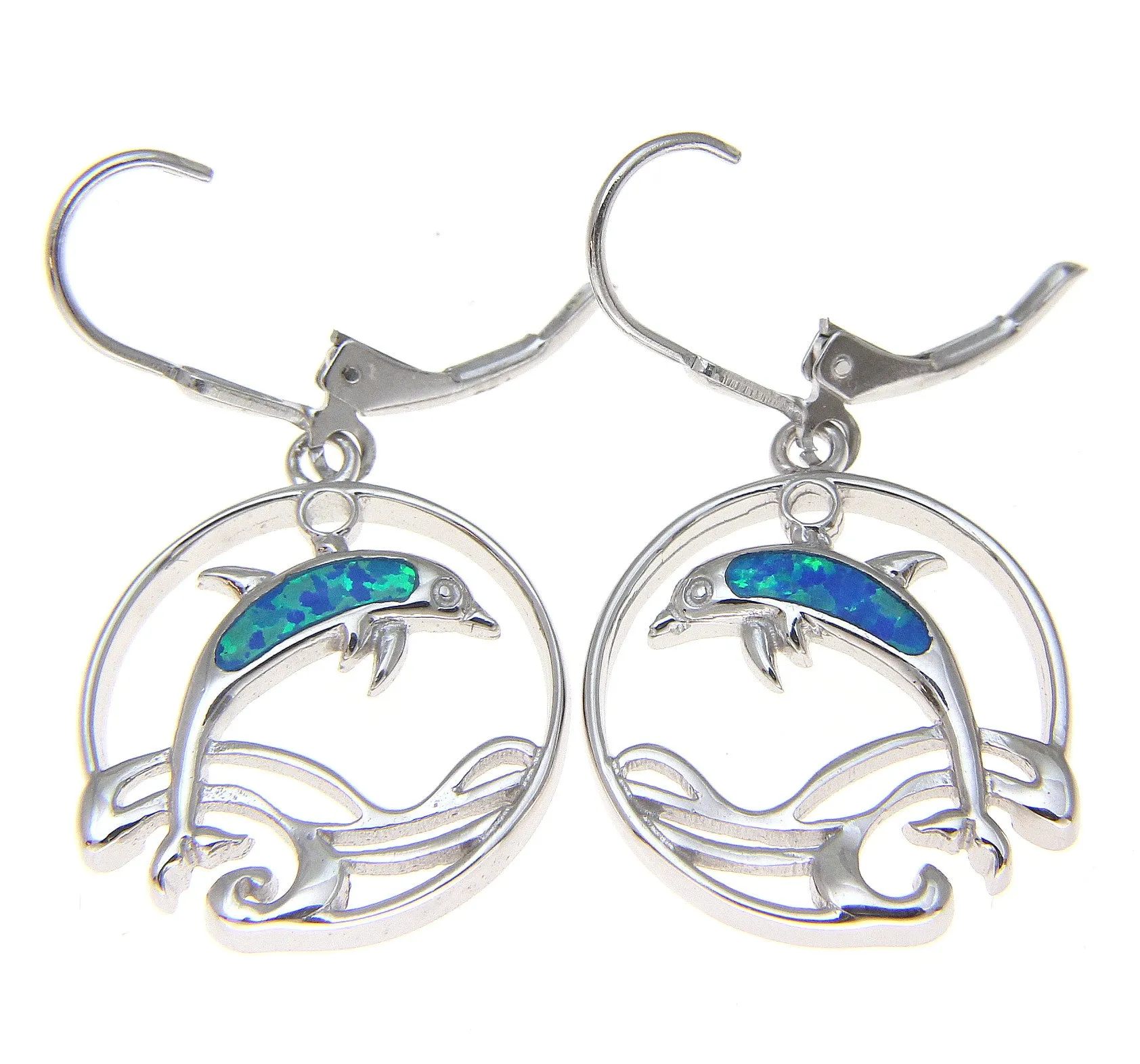 925 Sterling Silver Rhodium Hawaiian Circle Wave Dolphin Opal Leverback Earrings