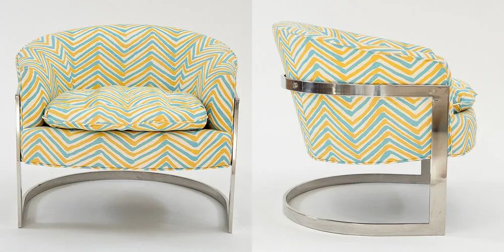 Alan Campbell Fabric: Zig Zag Multicolor - Custom Pink / Green on White Belgian Linen / Cotton