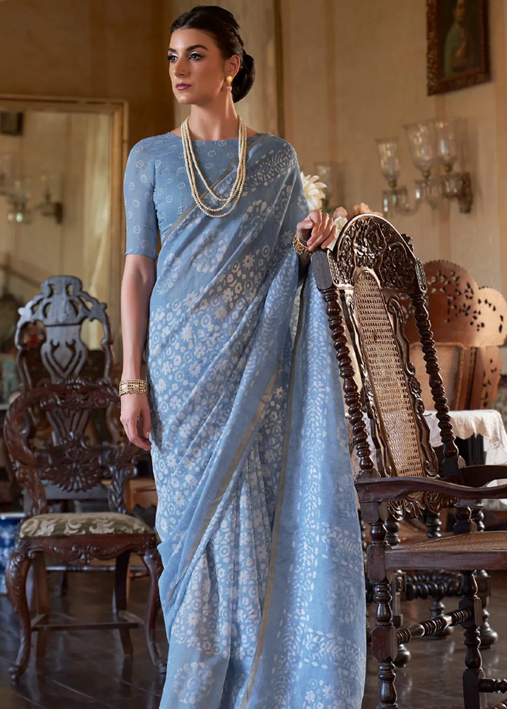 Aqua Blue Light Weight Linen Saree