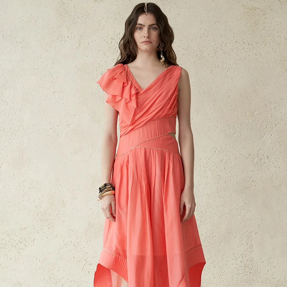 Asymmetric Sleeveless Wave Wide Silk Jumpsuit