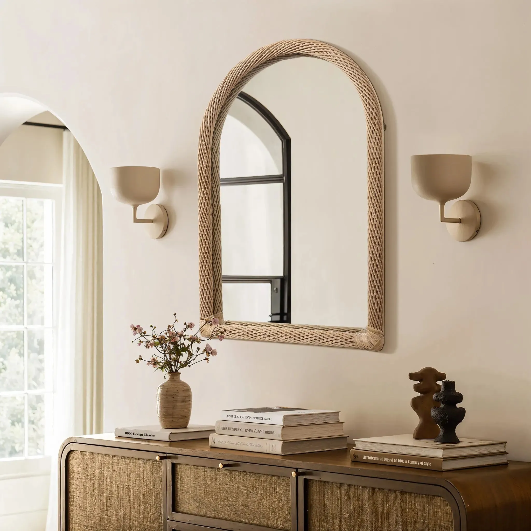 Bamboo Frame Arch Rectangle Accent Wall and Vanity Wall Mirror
