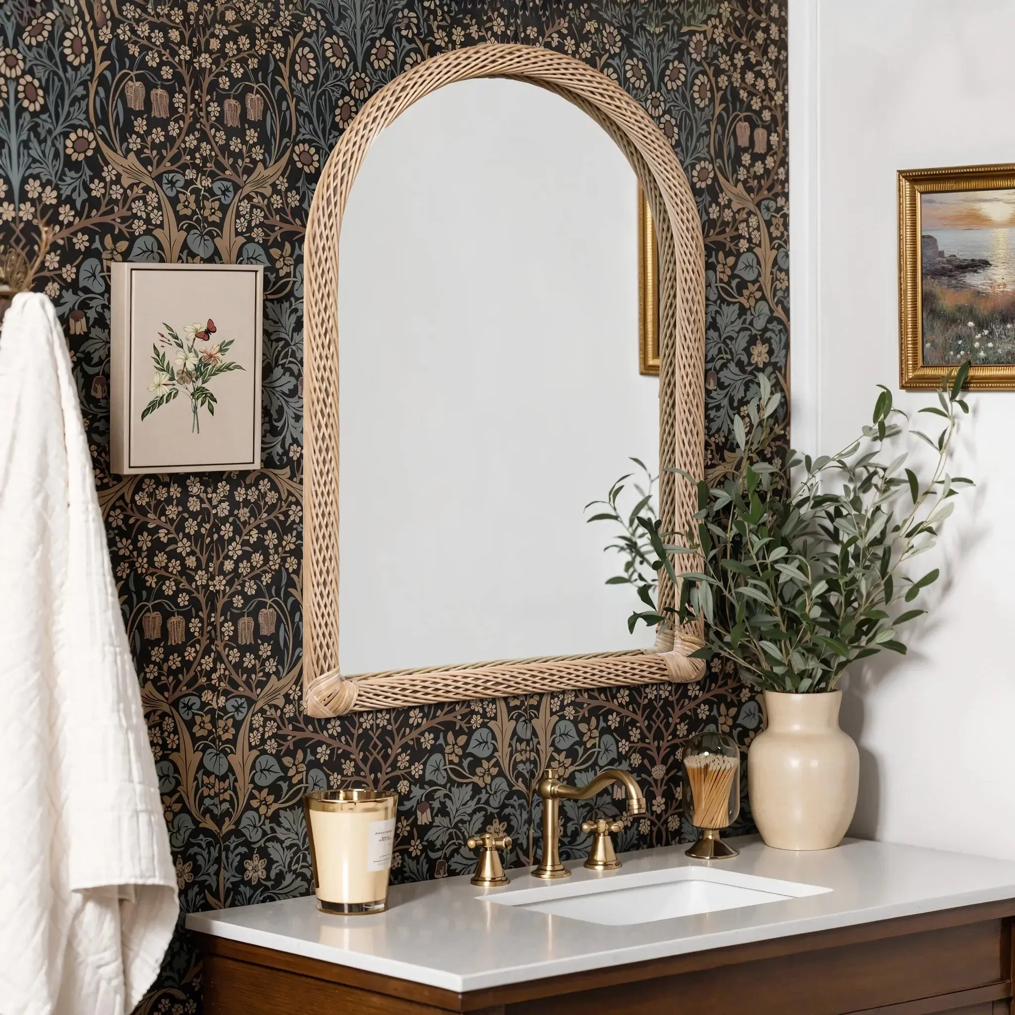 Bamboo Frame Arch Rectangle Accent Wall and Vanity Wall Mirror