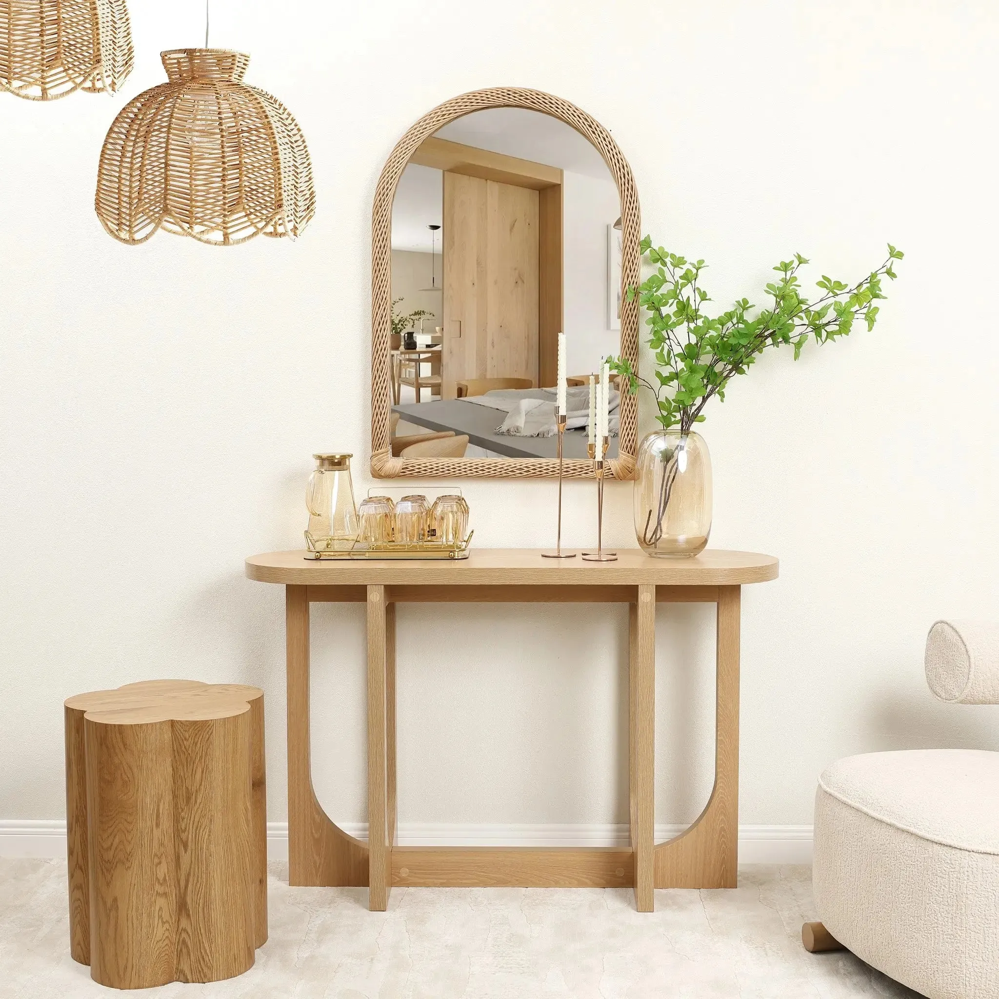 Bamboo Frame Arch Rectangle Accent Wall and Vanity Wall Mirror