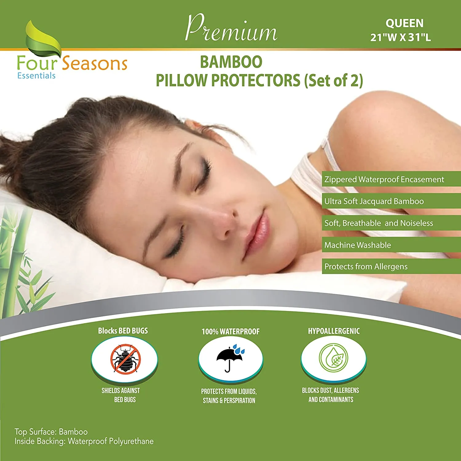 Bamboo Pillow Protector - Waterproof Hypoallergenic Dust Proof Zippered Encasement