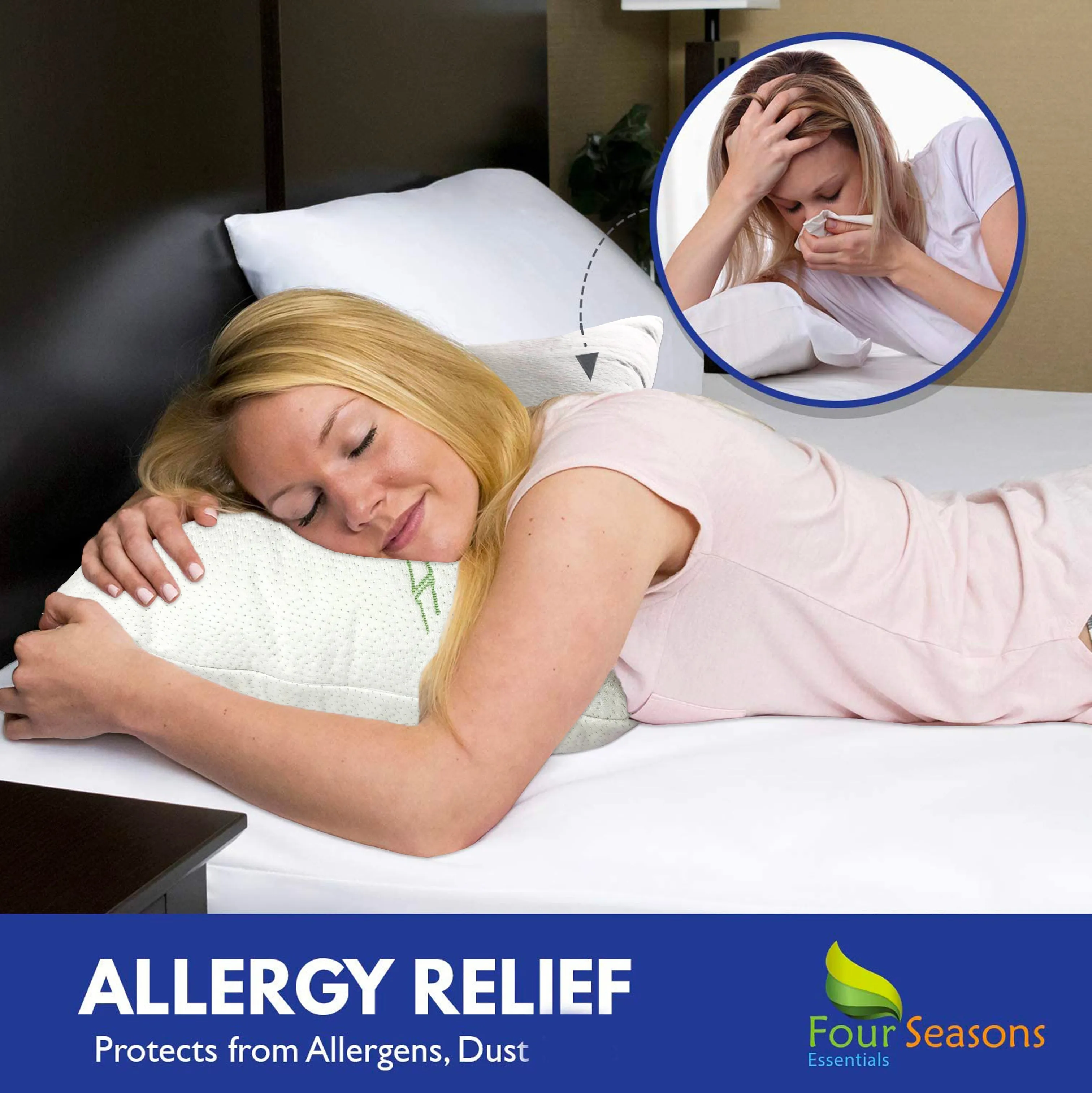 Bamboo Pillow Protector - Waterproof Hypoallergenic Dust Proof Zippered Encasement