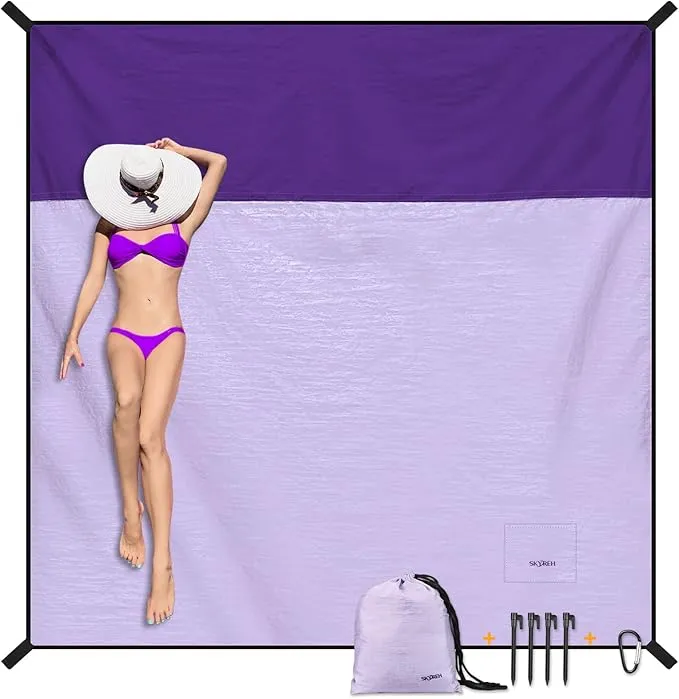 Beach Blanket Waterproof Sandproof Large Beach Mat 79" X 87", Quick Drying Durable Portable Lightweight Outdoor Nylon Picnic Blanket for Travel Camping Hiking, Purple