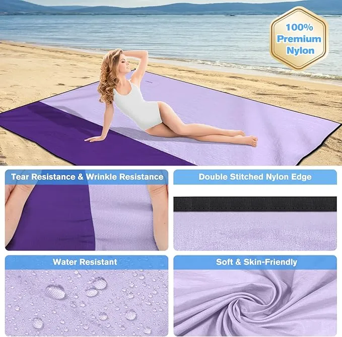 Beach Blanket Waterproof Sandproof Large Beach Mat 79" X 87", Quick Drying Durable Portable Lightweight Outdoor Nylon Picnic Blanket for Travel Camping Hiking, Purple