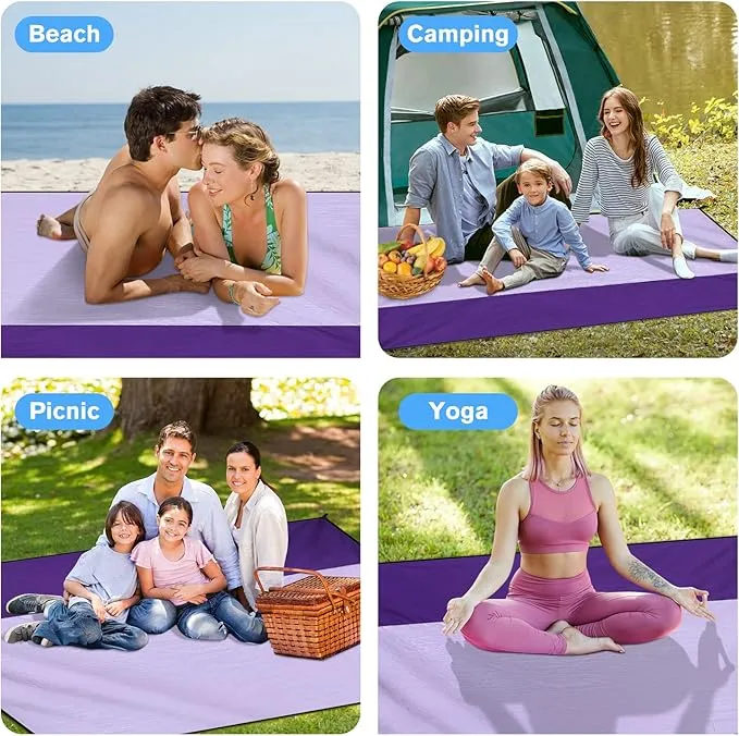 Beach Blanket Waterproof Sandproof Large Beach Mat 79" X 87", Quick Drying Durable Portable Lightweight Outdoor Nylon Picnic Blanket for Travel Camping Hiking, Purple
