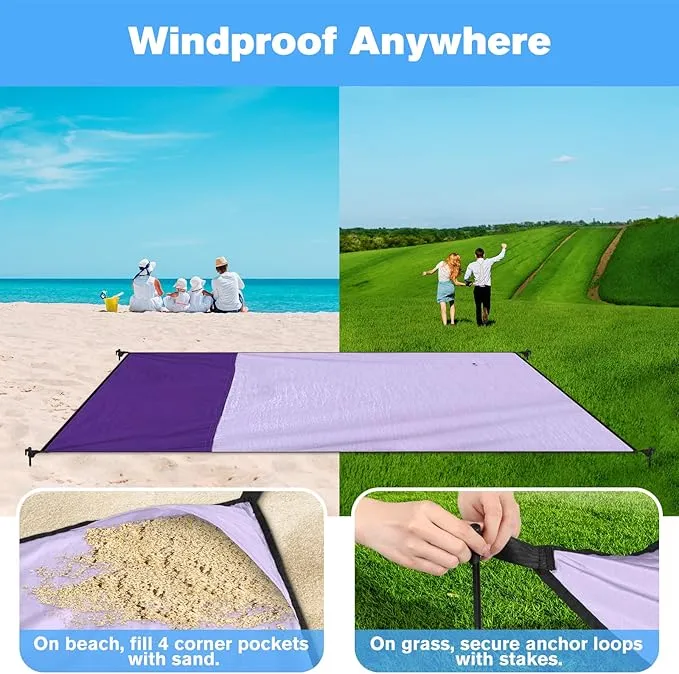 Beach Blanket Waterproof Sandproof Large Beach Mat 79" X 87", Quick Drying Durable Portable Lightweight Outdoor Nylon Picnic Blanket for Travel Camping Hiking, Purple