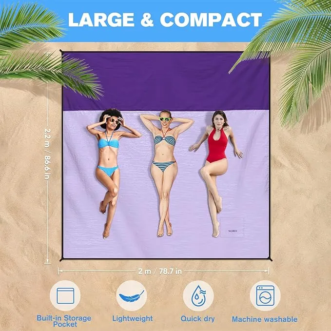 Beach Blanket Waterproof Sandproof Large Beach Mat 79" X 87", Quick Drying Durable Portable Lightweight Outdoor Nylon Picnic Blanket for Travel Camping Hiking, Purple