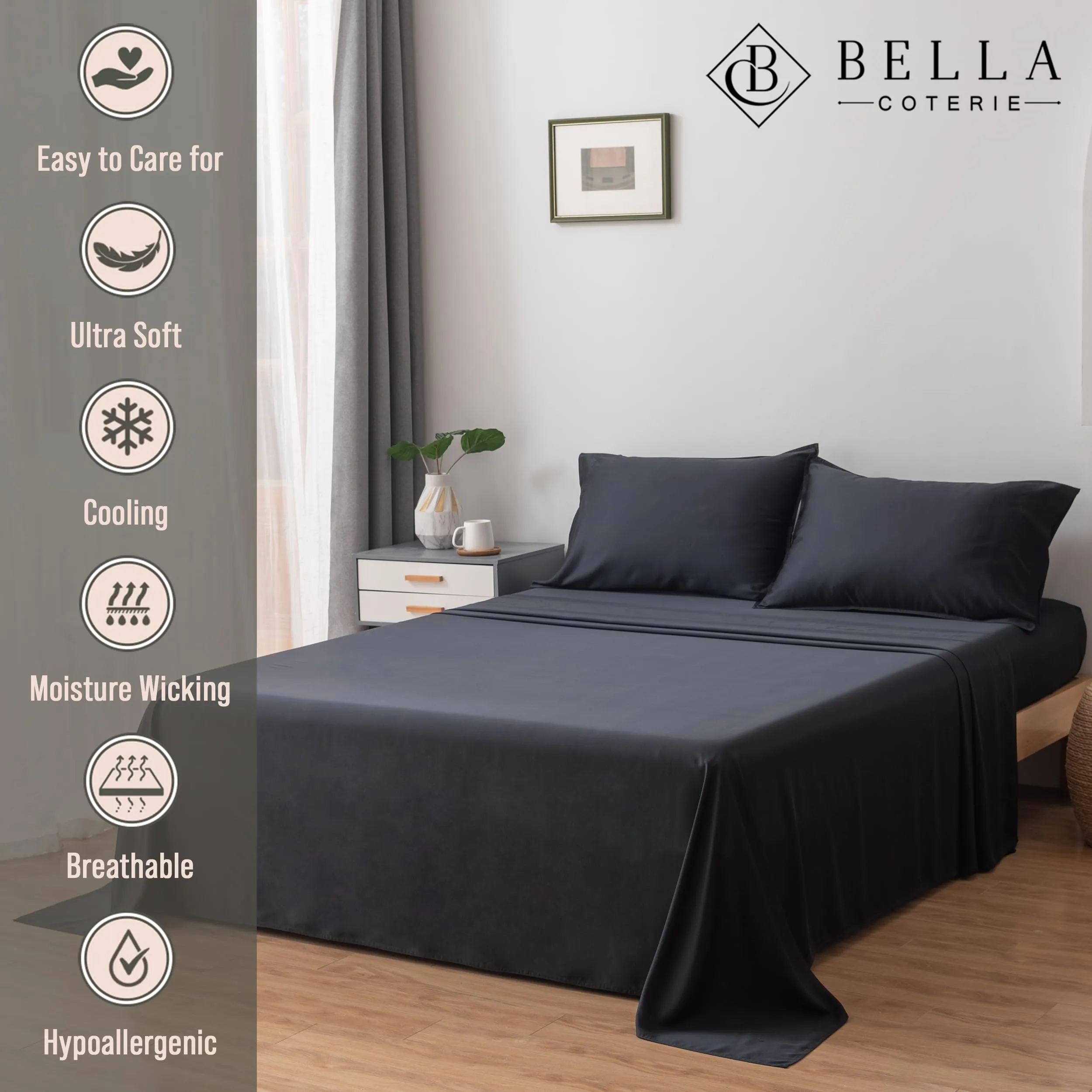 Bella Coterie Luxury King Bamboo Sheet Set | Organically Grown | Ultra Soft | Cooling for Hot Sleepers | 18" Deep Pocket | Viscose Made from Bamboo [Black]