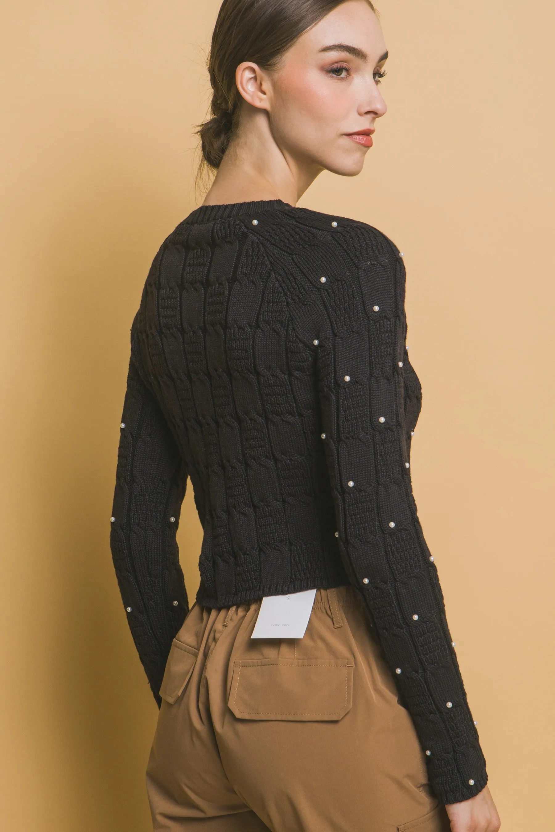 Black Cropped Stone Quilted Love Tree Sweater 10/23/24 9156
