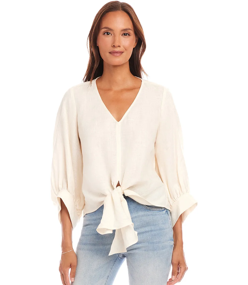 Blouson Sleeve Linen Tie-Front Top