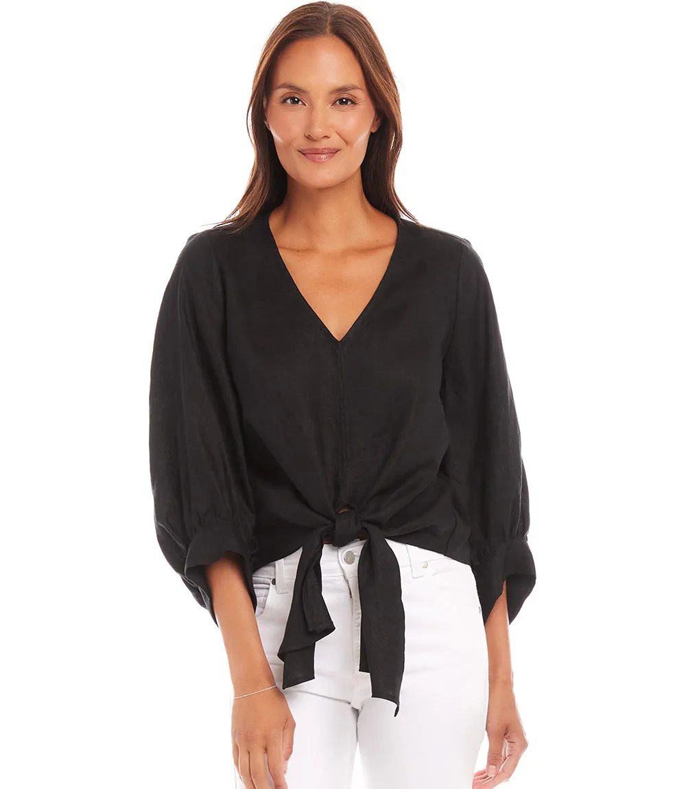 Blouson Sleeve Linen Tie-Front Top