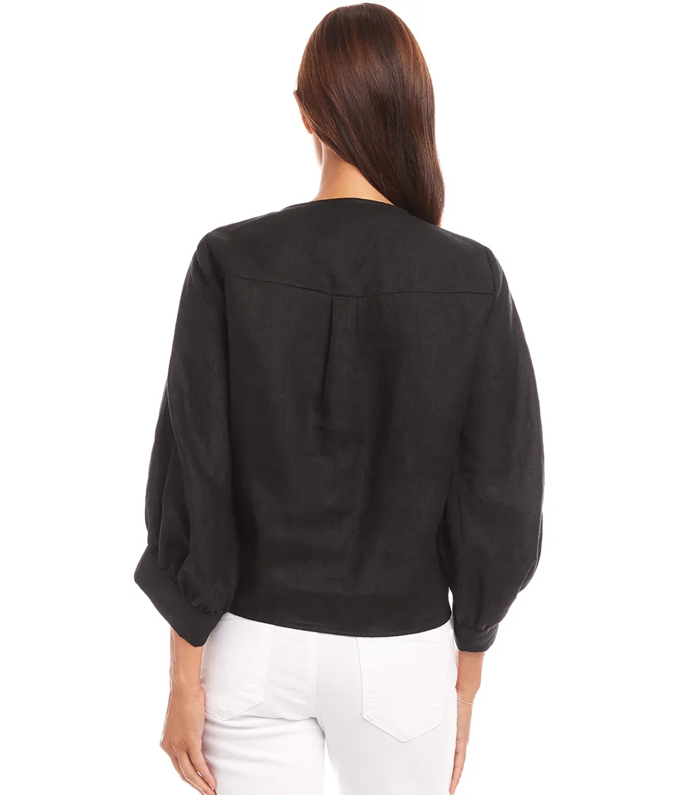 Blouson Sleeve Linen Tie-Front Top
