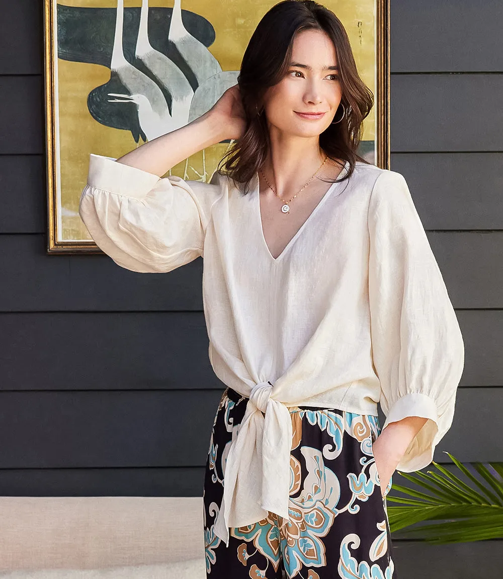 Blouson Sleeve Linen Tie-Front Top