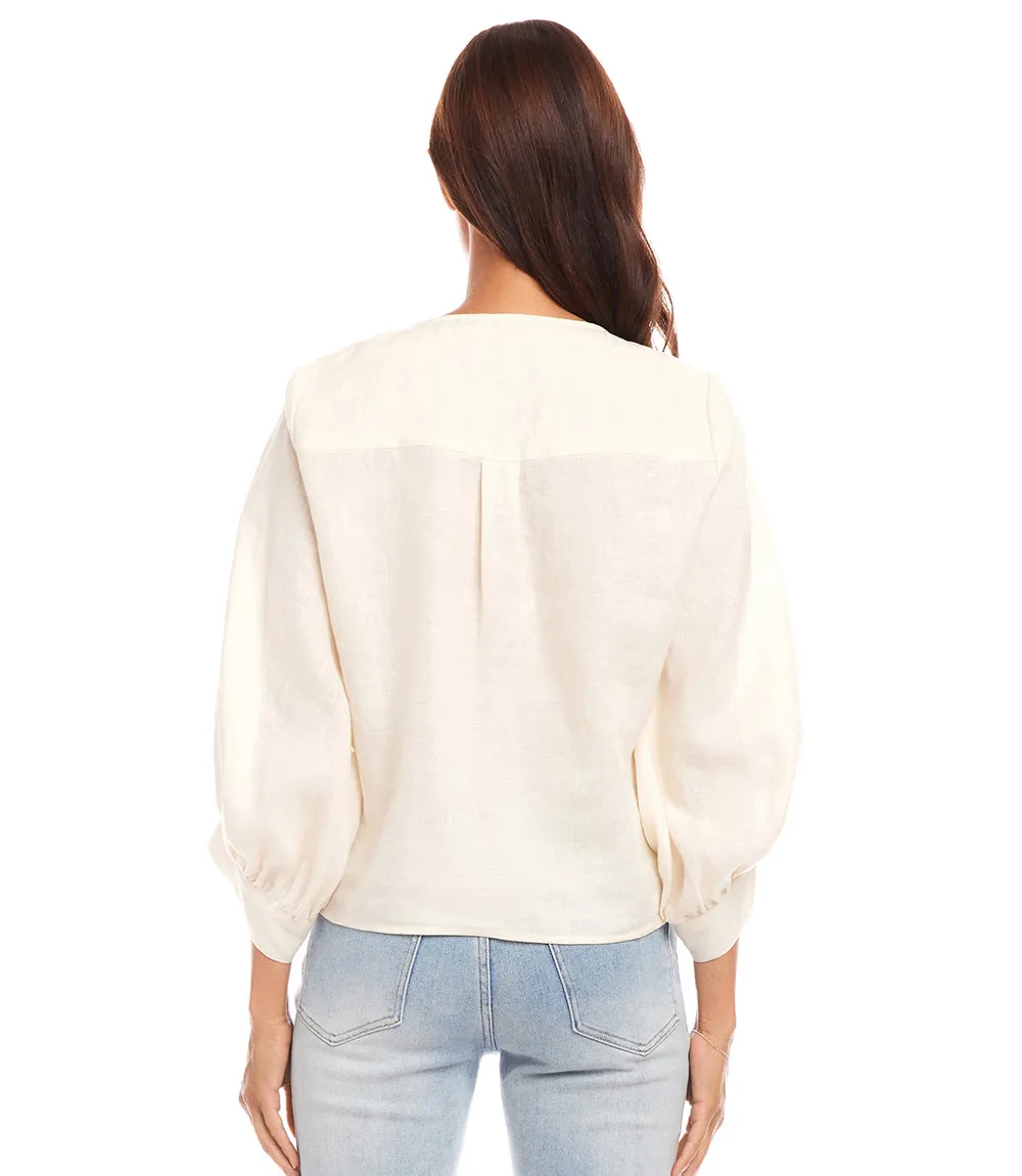 Blouson Sleeve Linen Tie-Front Top