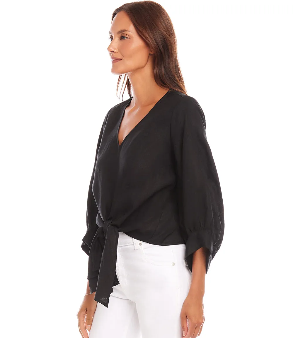 Blouson Sleeve Linen Tie-Front Top
