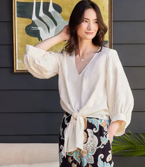 Blouson Sleeve Linen Tie-Front Top