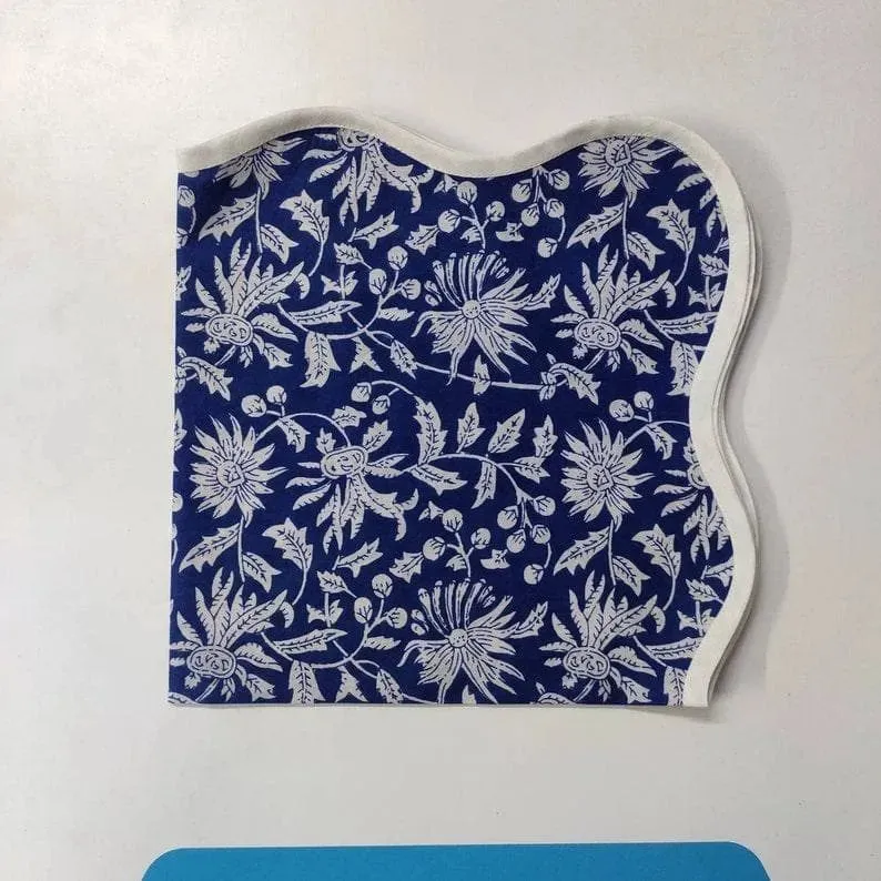 Blue and White Floral Scalloped Cotton Placemats