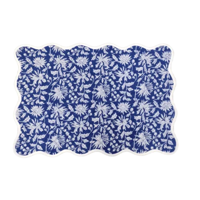 Blue and White Floral Scalloped Cotton Placemats