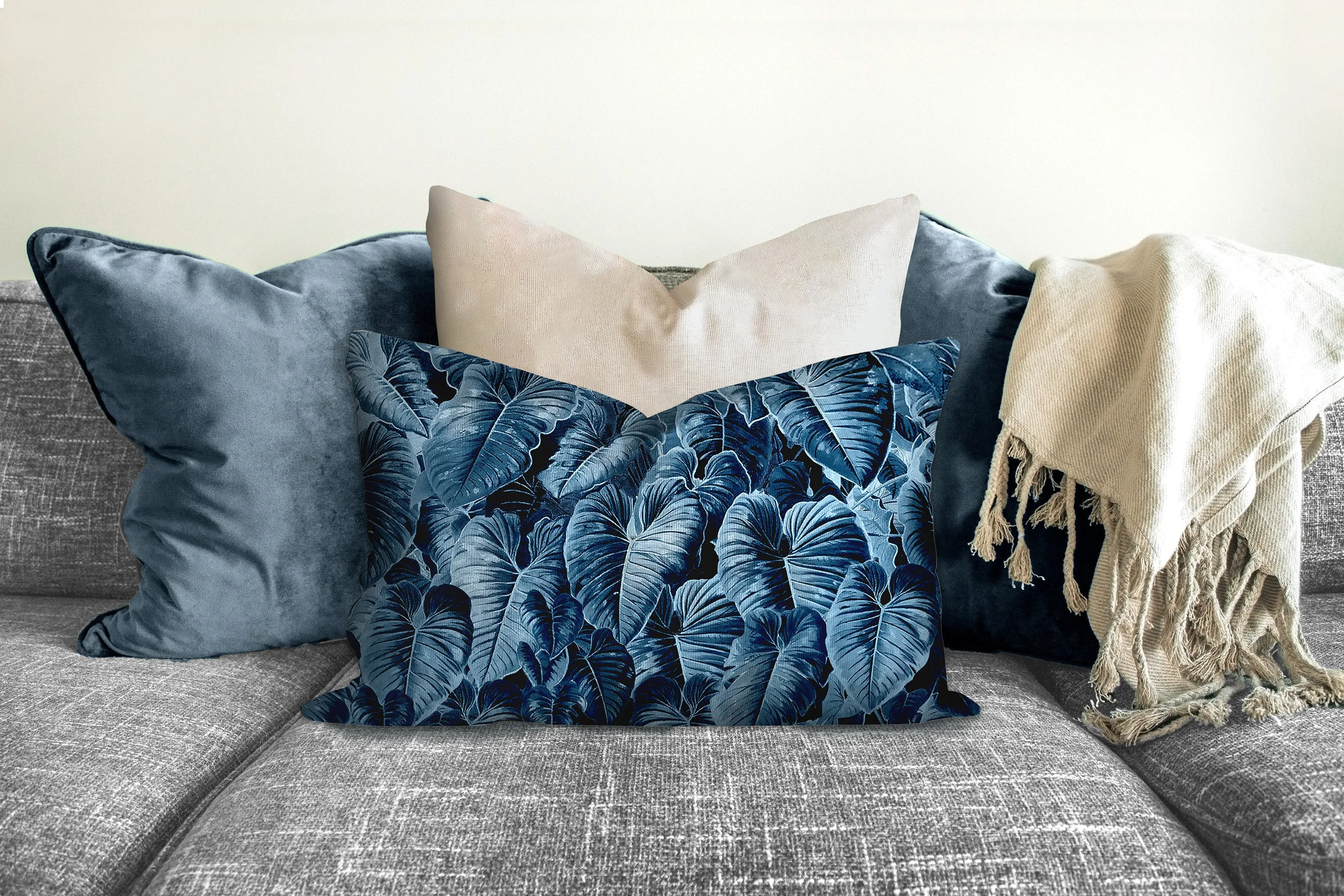 Blue monstera leaves pillow, modern Interior decor, home decor, pillow cover and insert, accent cushion, tropical, home accessory, accent