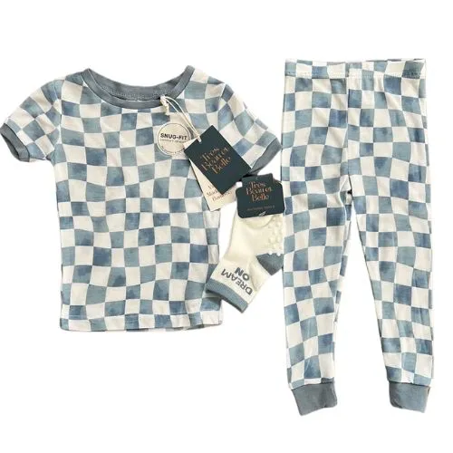 Blue Wave Checkerboard Bamboo Pajama Set with Socks
