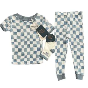 Blue Wave Checkerboard Bamboo Pajama Set with Socks