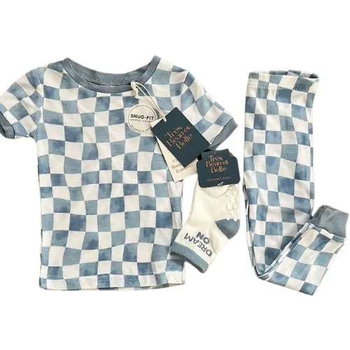Blue Wave Checkerboard Bamboo Pajama Set with Socks