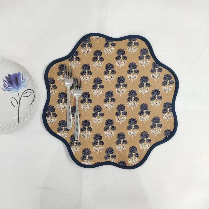 Brown Block Printed Floral Scallop Cotton Placemats