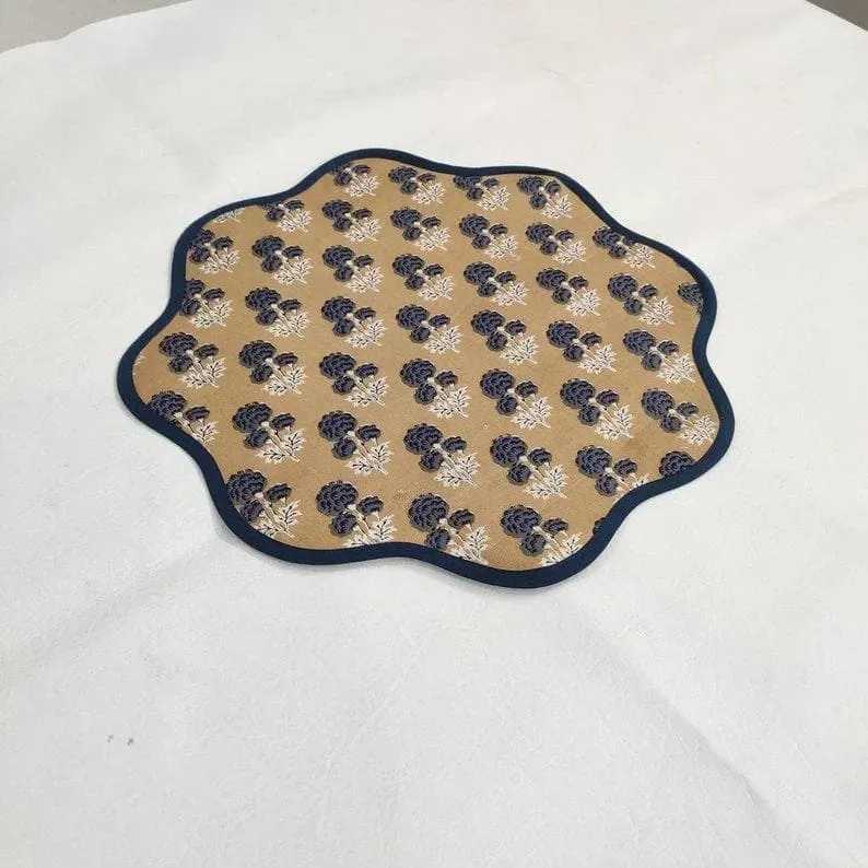 Brown Block Printed Floral Scallop Cotton Placemats