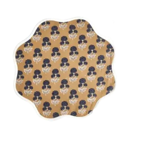 Brown Block Printed Floral Scallop Cotton Placemats